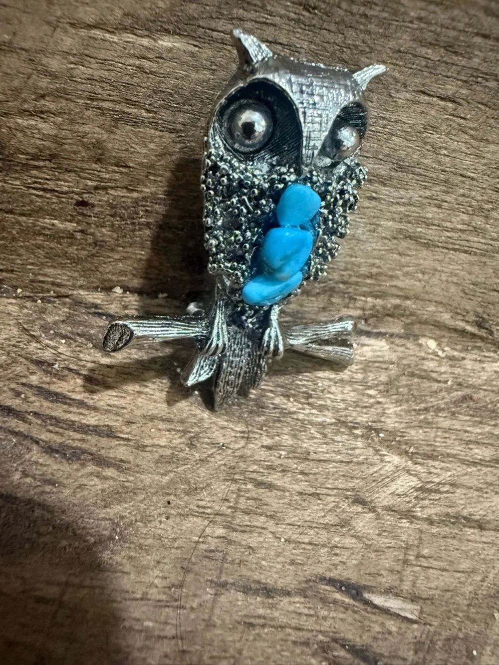 Vintage Silver Tone Owl Brooch with Turquoise Accents